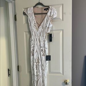Lulu's Cream Embellished Plunge Maxi Dress